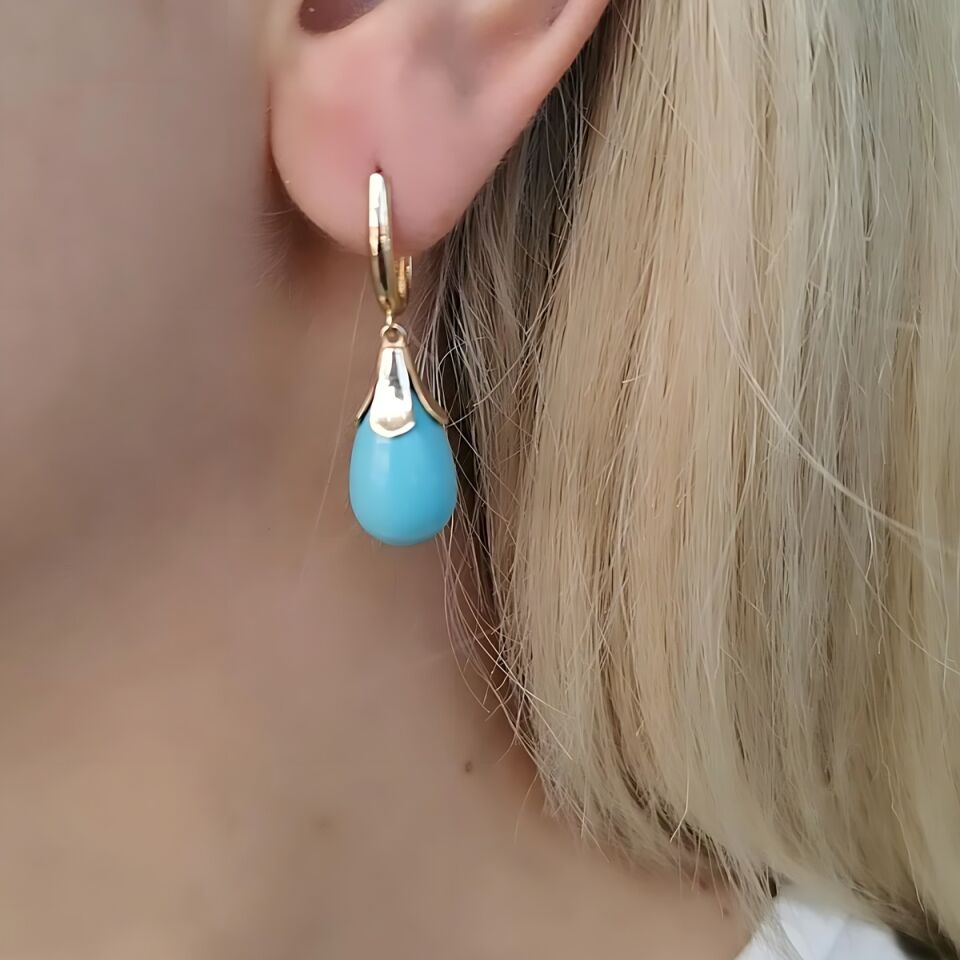 14 AYAR FİRUZE TAŞLI ÖZEL TASARIM ALTIN KÜPE