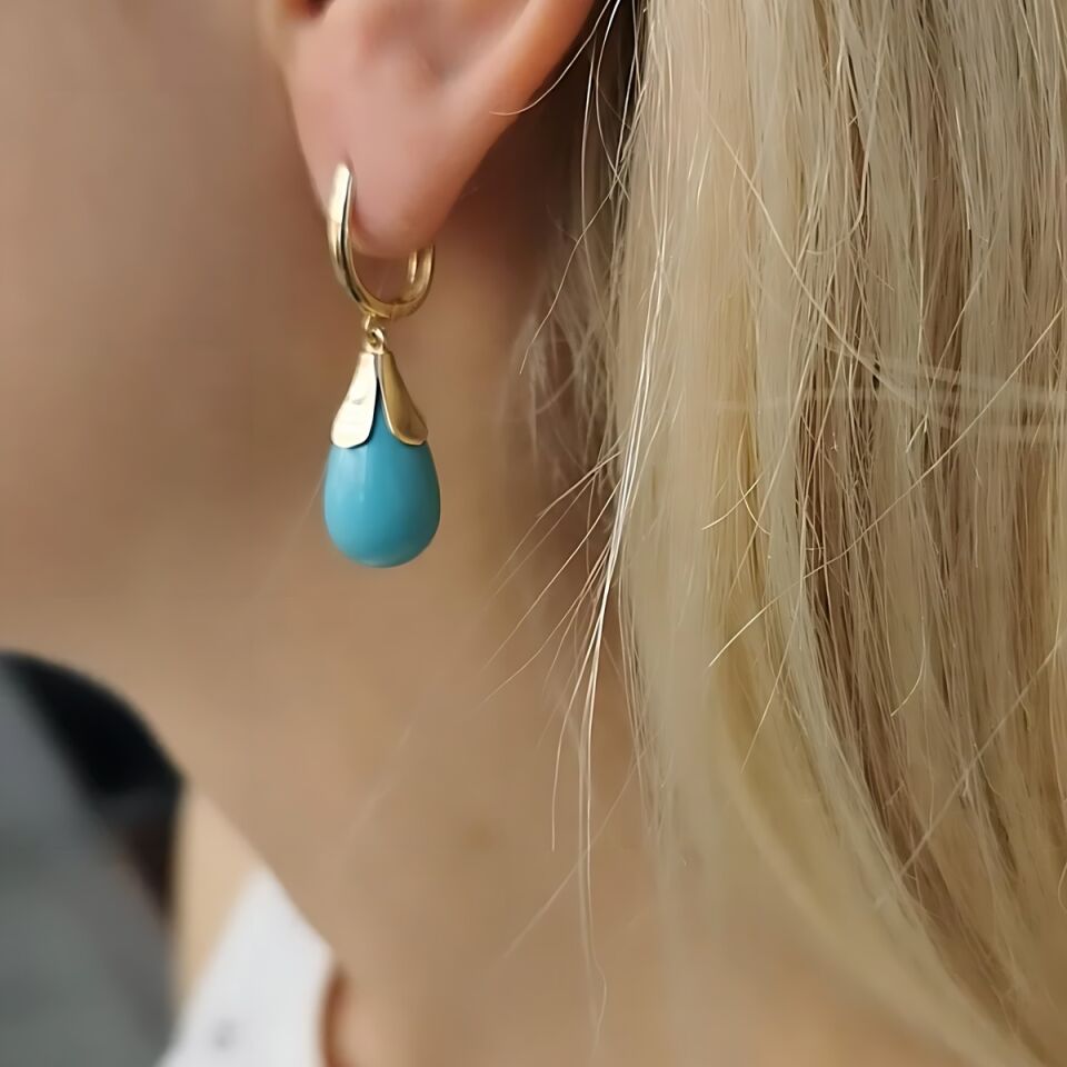 14 AYAR FİRUZE TAŞLI ÖZEL TASARIM ALTIN KÜPE