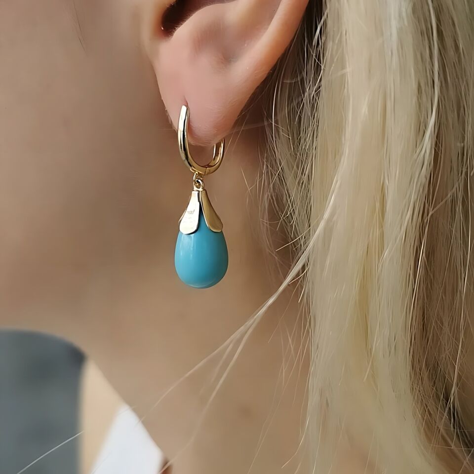 14 AYAR FİRUZE TAŞLI ÖZEL TASARIM ALTIN KÜPE