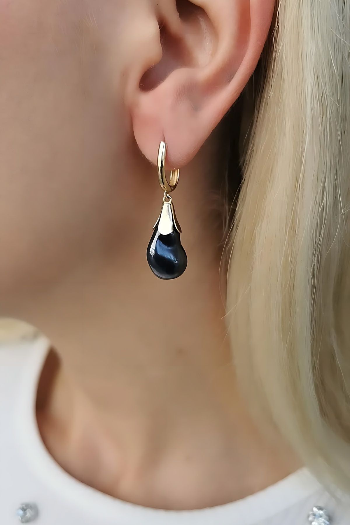 14 AYAR SİYAH BAROK İNCİLİ ÖZEL TASARIM ALTIN KÜPE