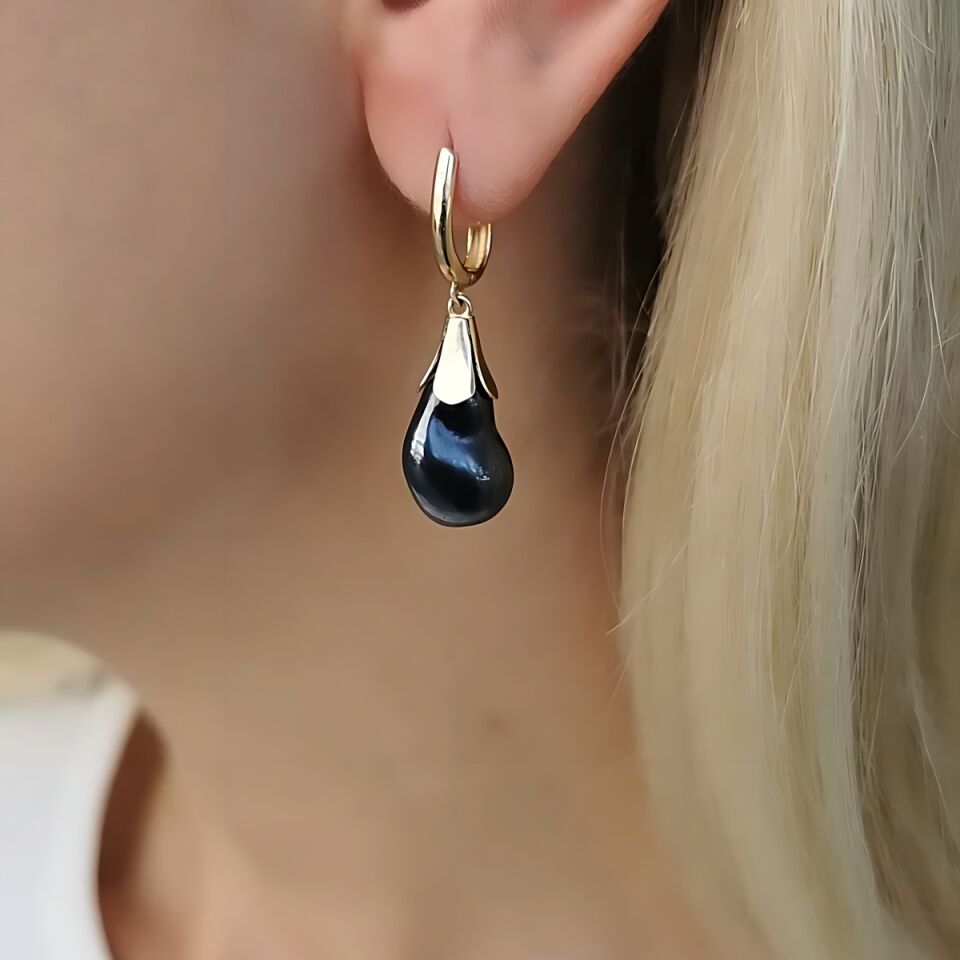 14 AYAR SİYAH BAROK İNCİLİ ÖZEL TASARIM ALTIN KÜPE