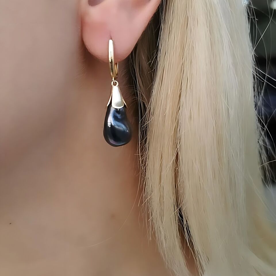 14 AYAR SİYAH BAROK İNCİLİ ÖZEL TASARIM ALTIN KÜPE