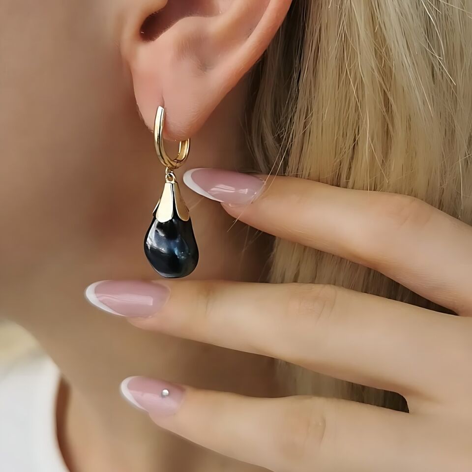 14 AYAR SİYAH BAROK İNCİLİ ÖZEL TASARIM ALTIN KÜPE