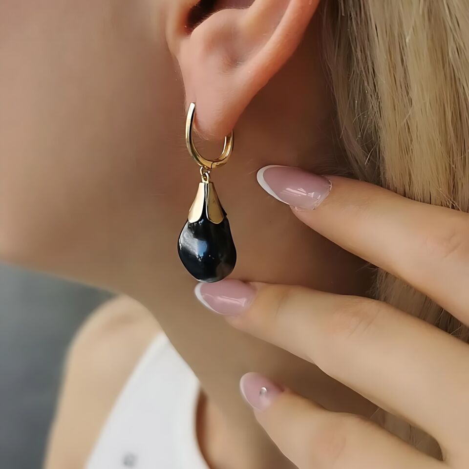 14 AYAR SİYAH BAROK İNCİLİ ÖZEL TASARIM ALTIN KÜPE