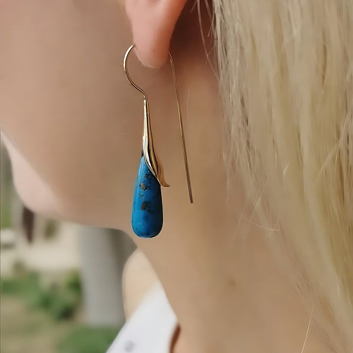 14 AYAR TURKUAZ TAŞLI ÖZEL TASARIM ALTIN KÜPE