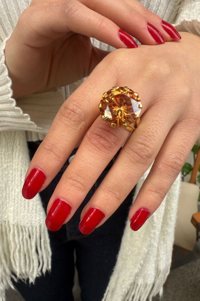 14 AYAR YUVARLAK KESİM BAL TOPAZ TAŞLI ELİŞİ ALTIN YÜZÜK 15