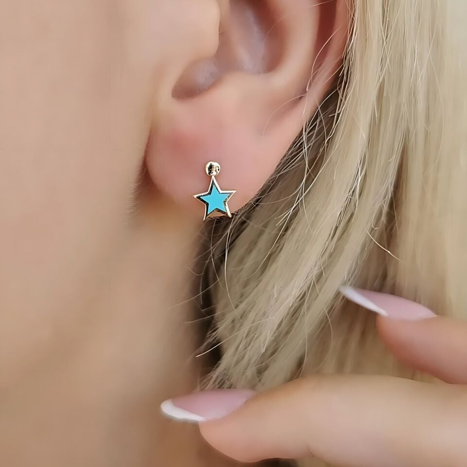 14 AYAR TURKUAZ MİNELİ YILDIZ KÜPE