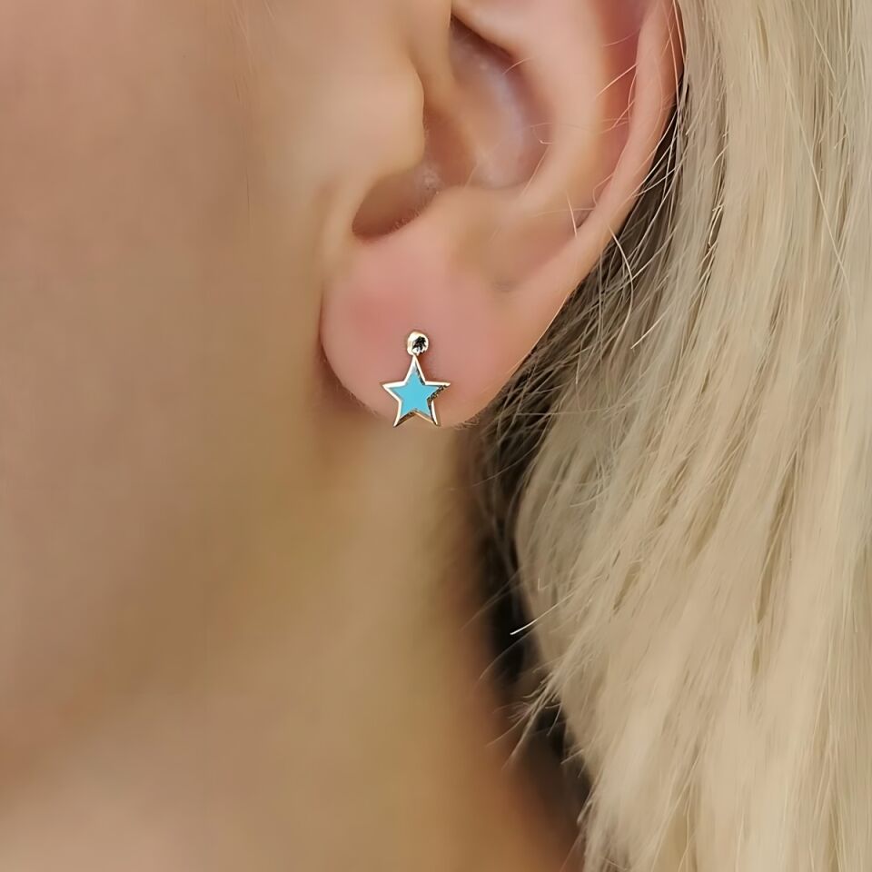 14 AYAR TURKUAZ MİNELİ YILDIZ KÜPE