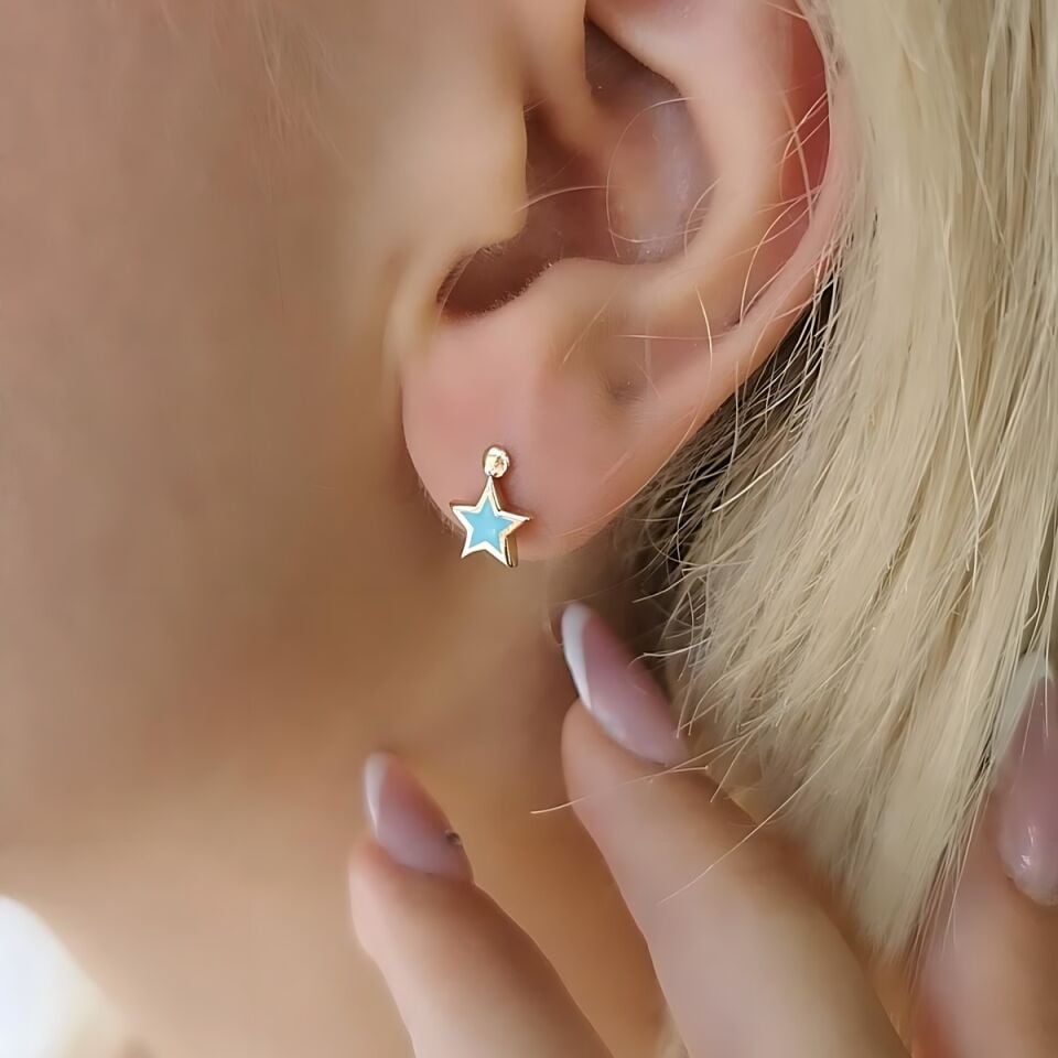 14 AYAR TURKUAZ MİNELİ YILDIZ KÜPE