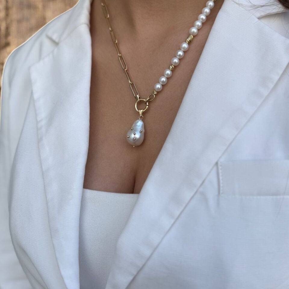 14 AYAR ÖZEL TASARIM BAROK İNCİLİ ALTIN KOLYE