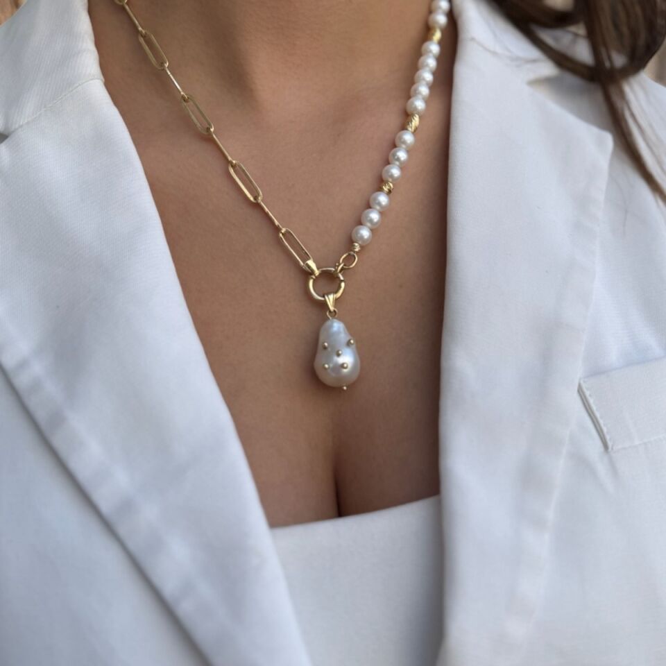 14 AYAR ÖZEL TASARIM BAROK İNCİLİ ALTIN KOLYE