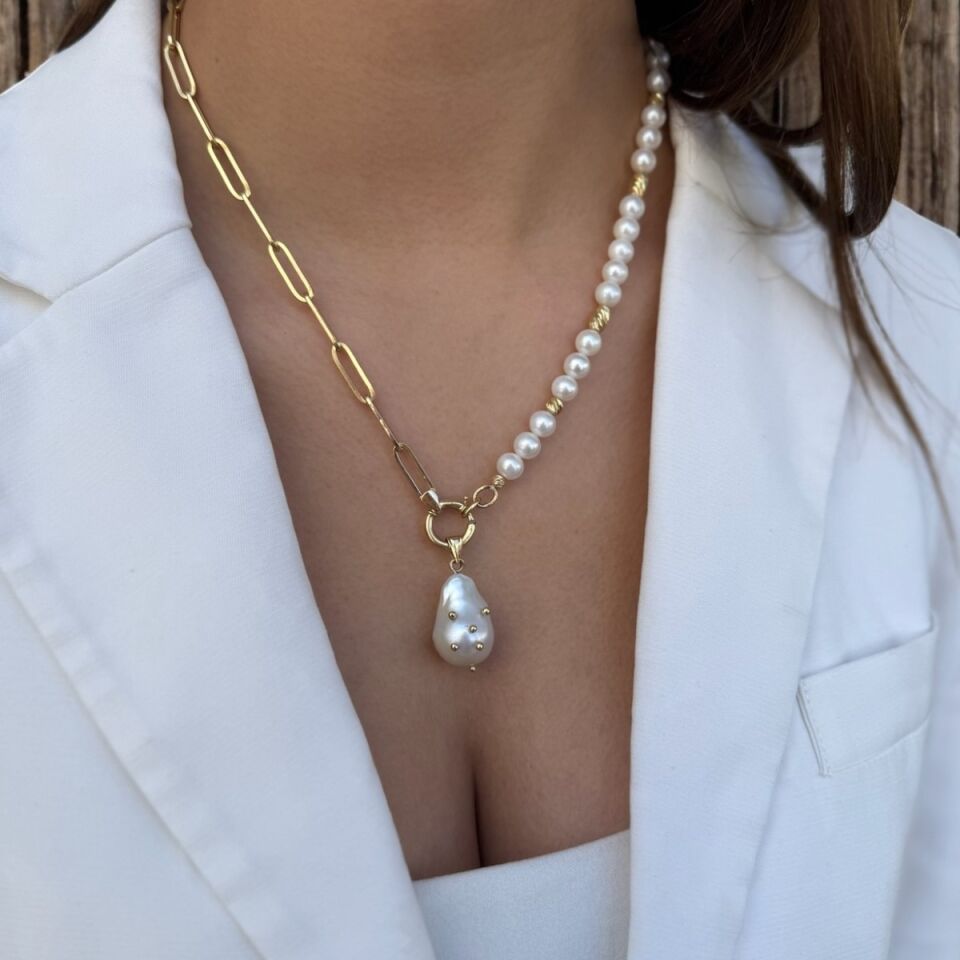 14 AYAR ÖZEL TASARIM BAROK İNCİLİ ALTIN KOLYE