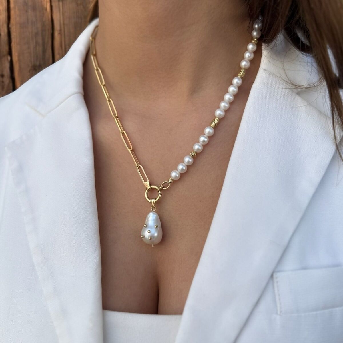 14 AYAR ÖZEL TASARIM BAROK İNCİLİ ALTIN KOLYE