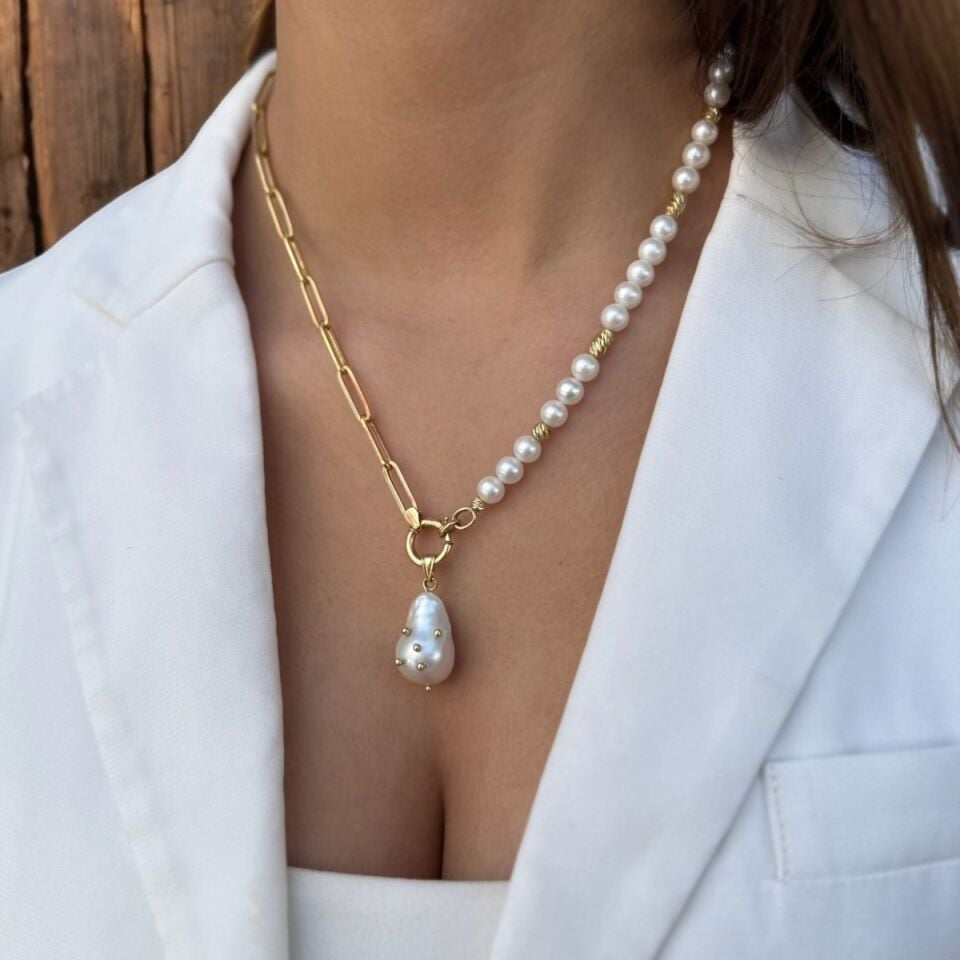 14 AYAR ÖZEL TASARIM BAROK İNCİLİ ALTIN KOLYE