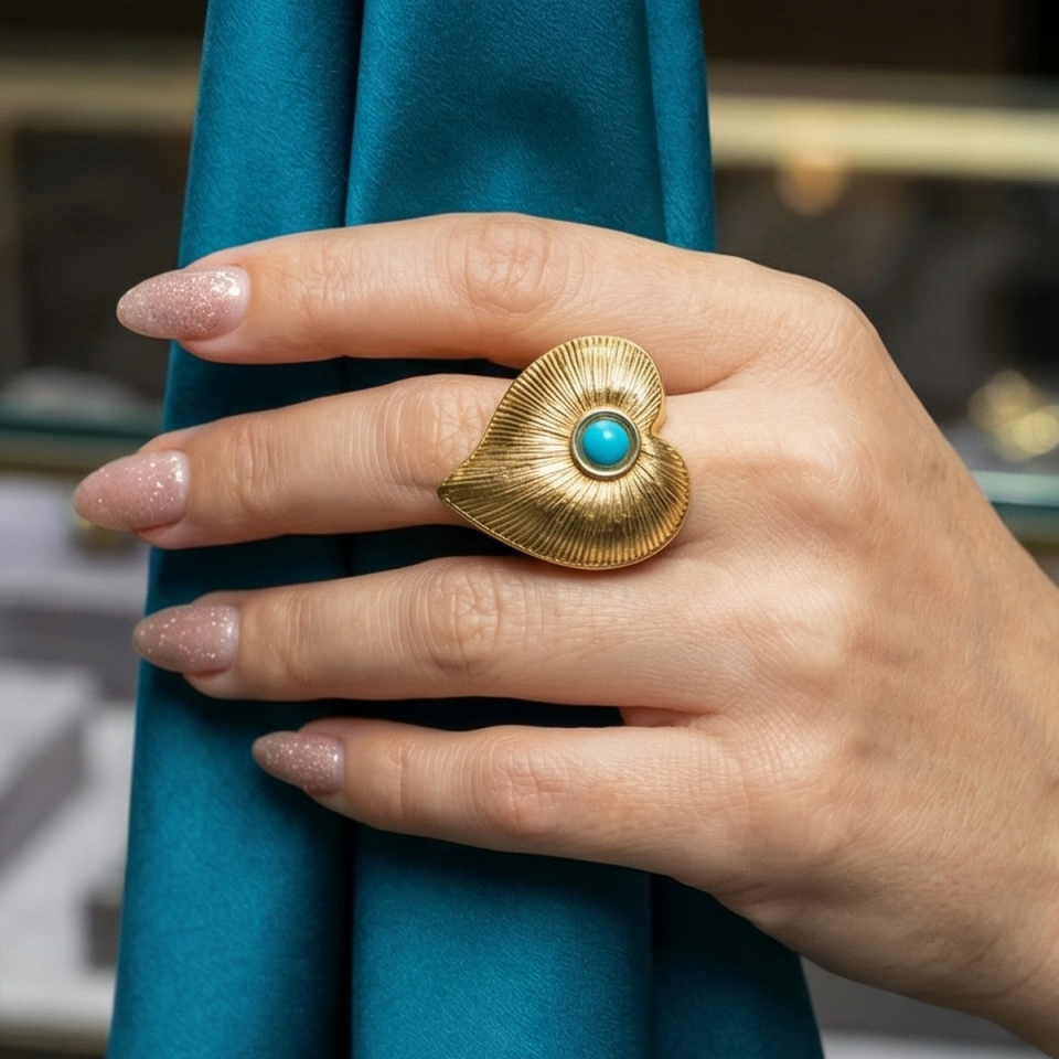 18 AYAR İTALYAN FİRUZE TAŞLI ÖZEL TASARIM KALP MODEL ALTIN YÜZÜK