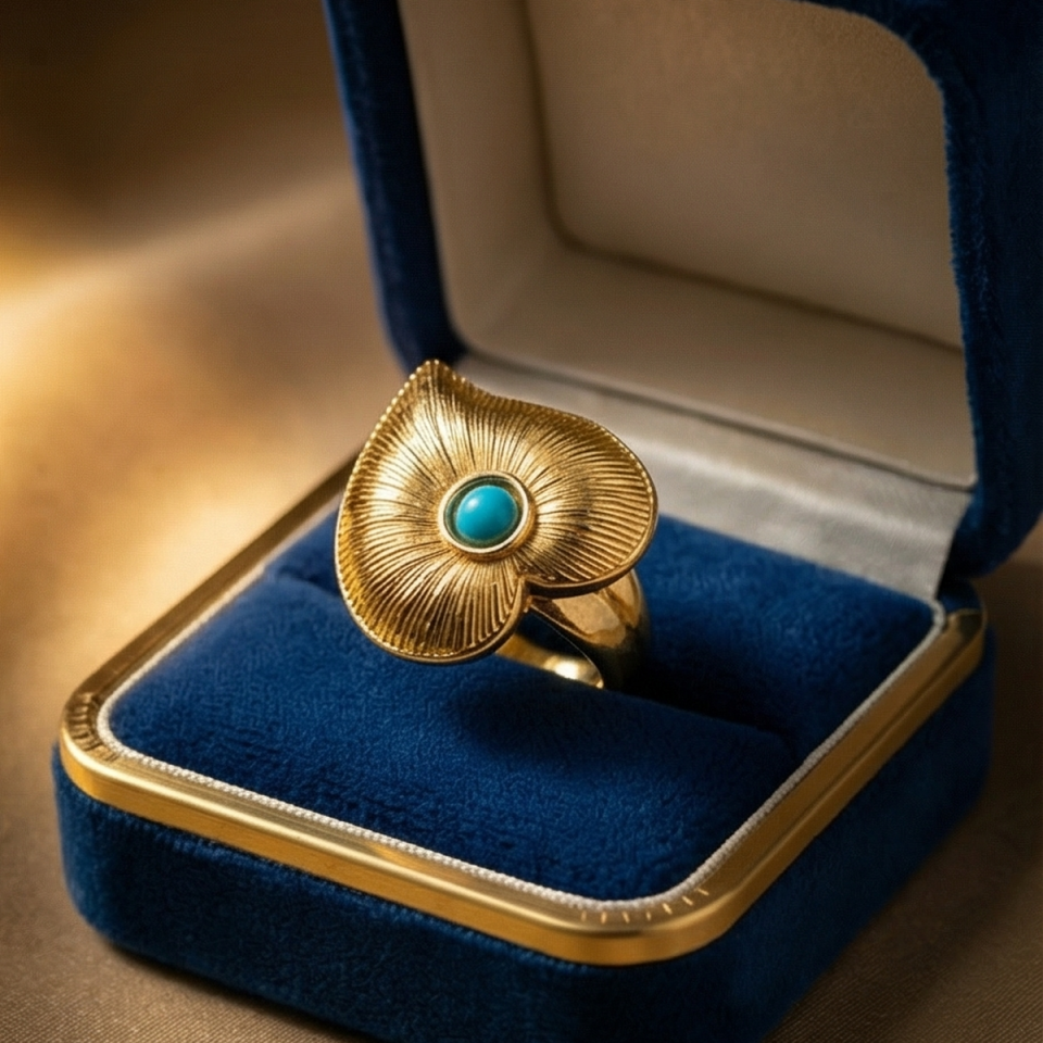 18 AYAR İTALYAN FİRUZE TAŞLI ÖZEL TASARIM KALP MODEL ALTIN YÜZÜK