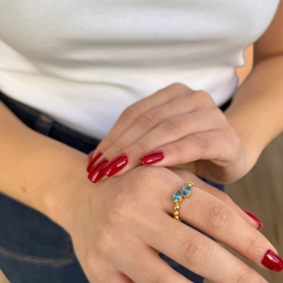 22 AYAR ÖZEL TASARIM AQUAMARİN RENGİ TAŞLI ALTIN YÜZÜK