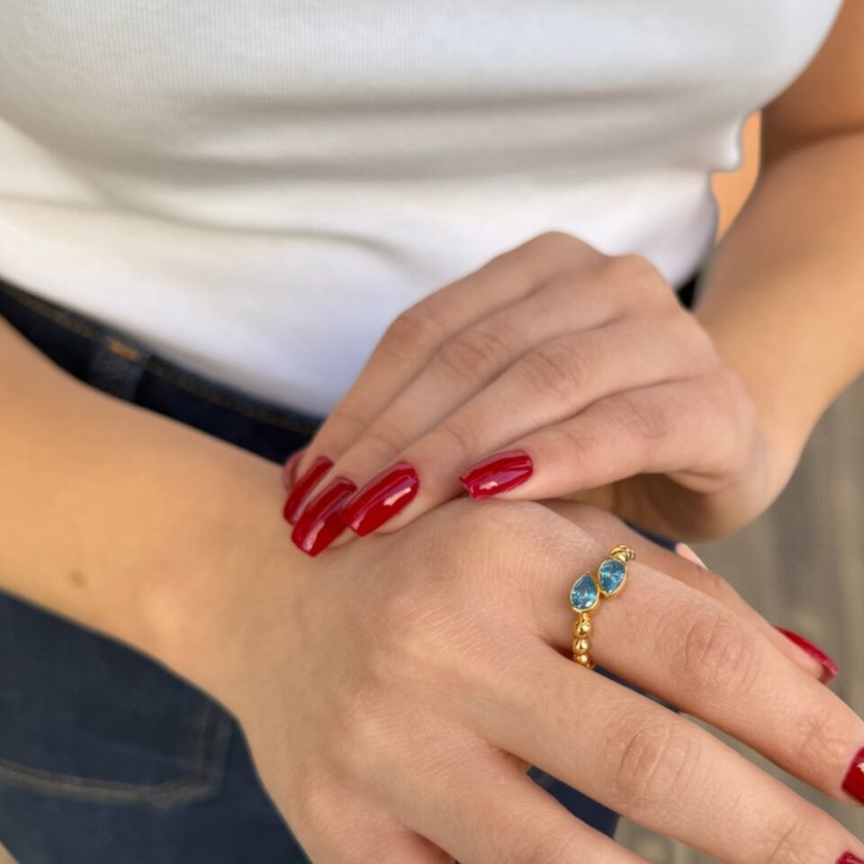 22 AYAR ÖZEL TASARIM AQUAMARİN RENGİ TAŞLI ALTIN YÜZÜK