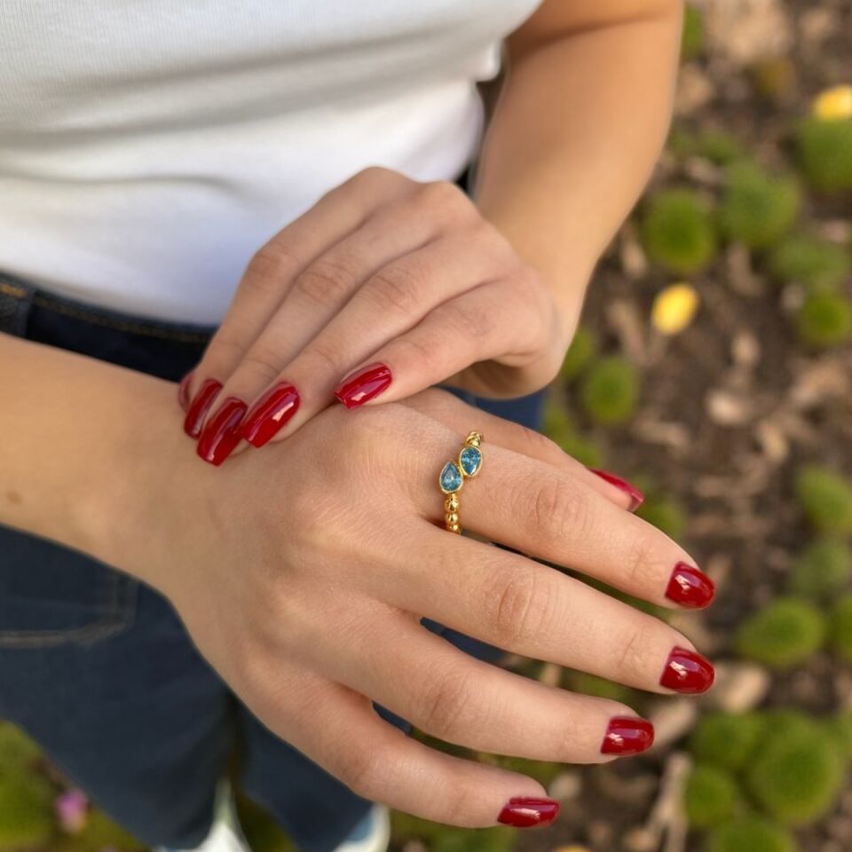 22 AYAR ÖZEL TASARIM AQUAMARİN RENGİ TAŞLI ALTIN YÜZÜK