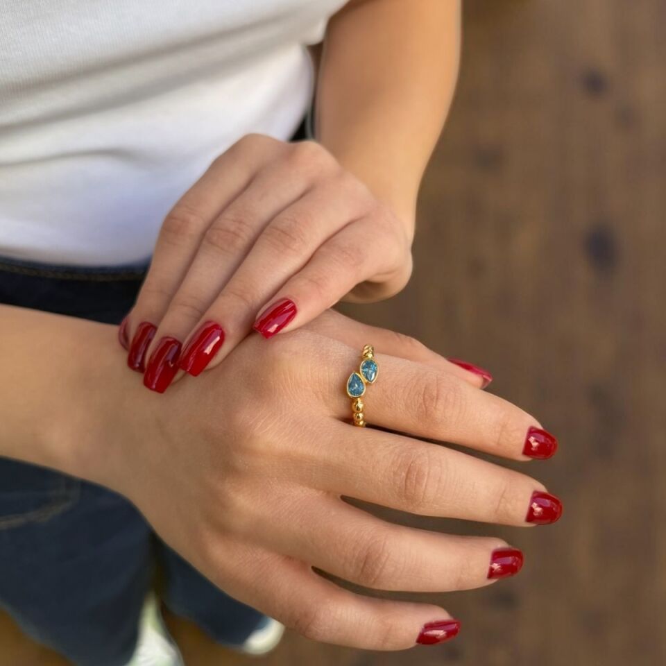 22 AYAR ÖZEL TASARIM AQUAMARİN RENGİ TAŞLI ALTIN YÜZÜK