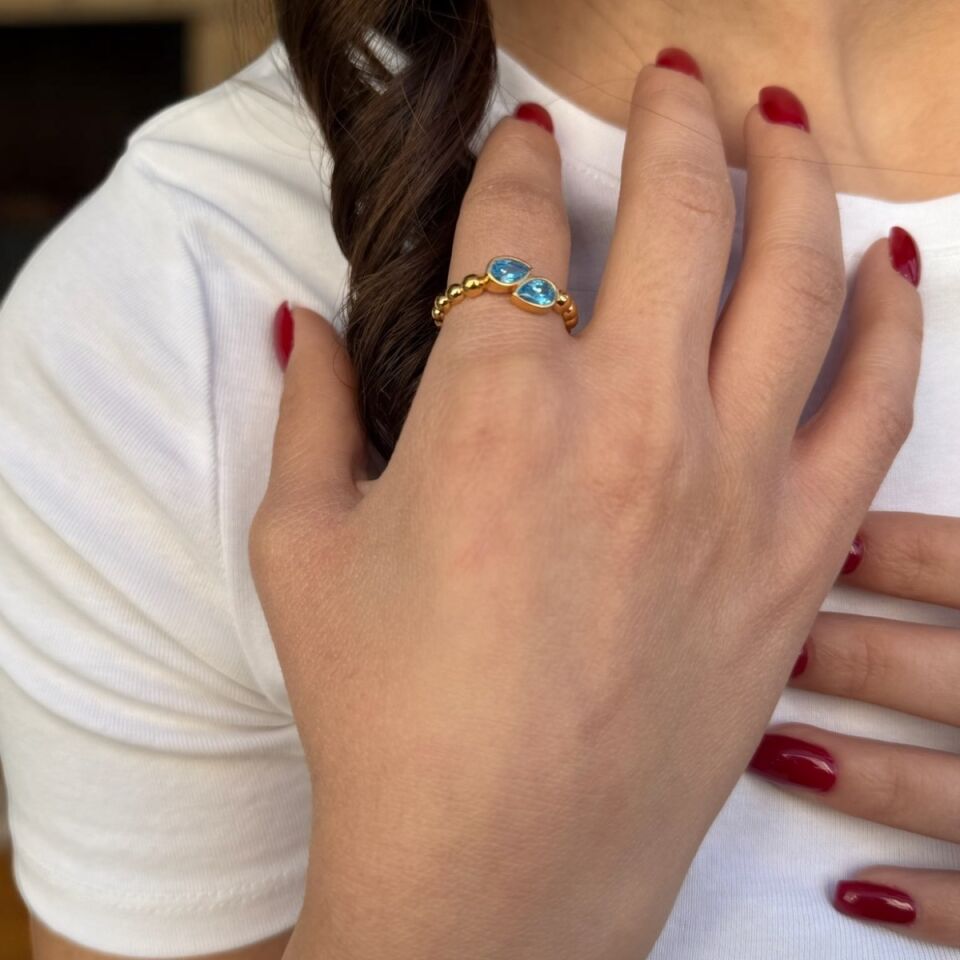 22 AYAR ÖZEL TASARIM AQUAMARİN RENGİ TAŞLI ALTIN YÜZÜK