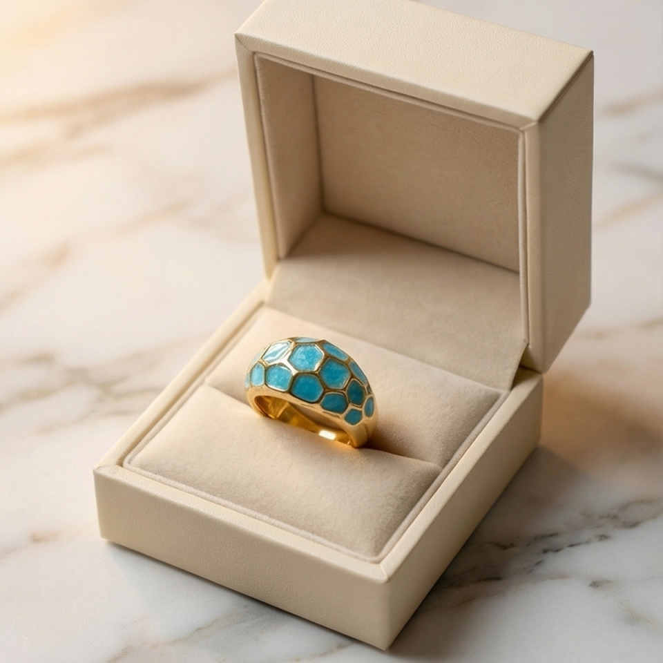 18 AYAR MAVİ MİNELİ İTALYAN BOMBELİ ALTIN YÜZÜK