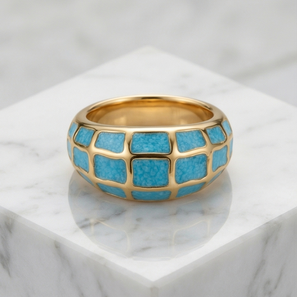 18 AYAR MAVİ MİNELİ İTALYAN BOMBELİ ALTIN YÜZÜK