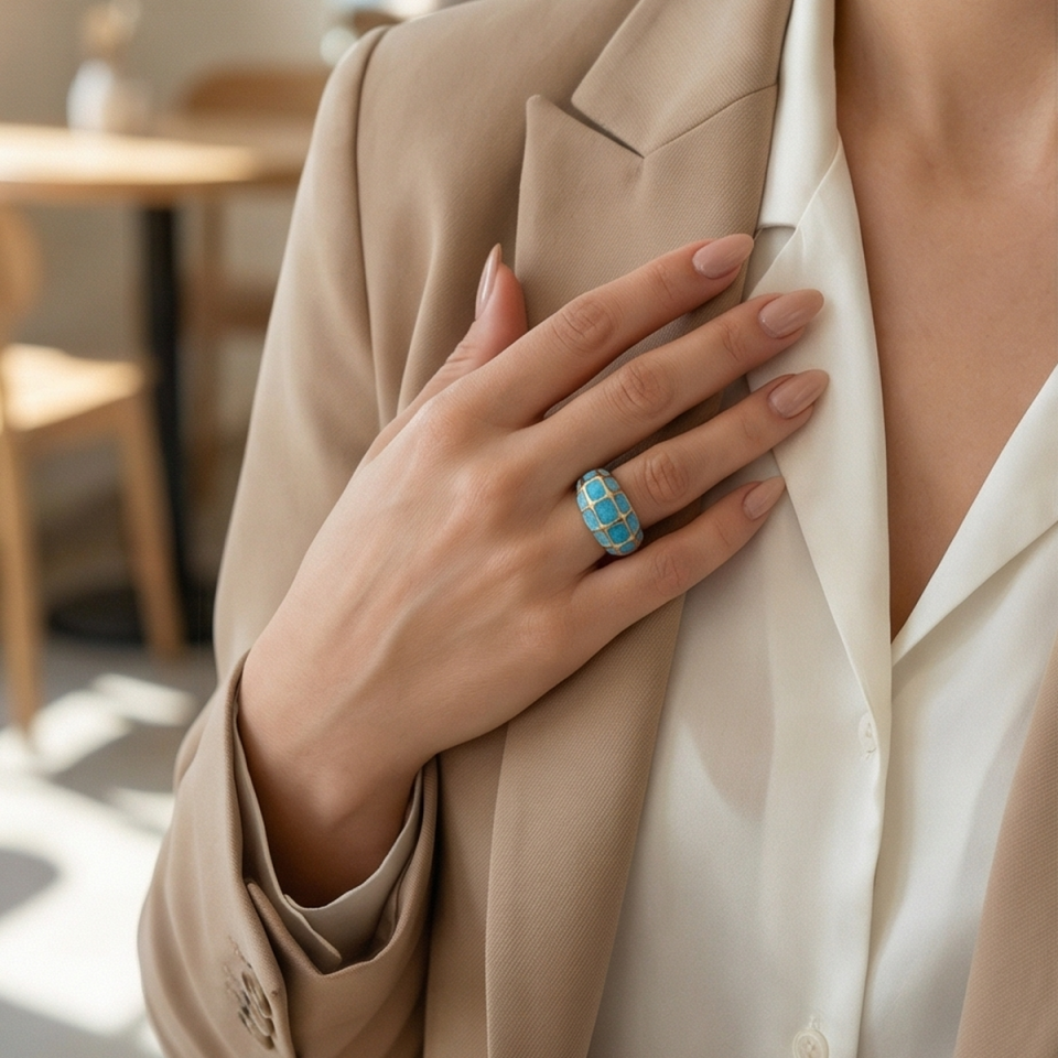 18 AYAR MAVİ MİNELİ İTALYAN BOMBELİ ALTIN YÜZÜK