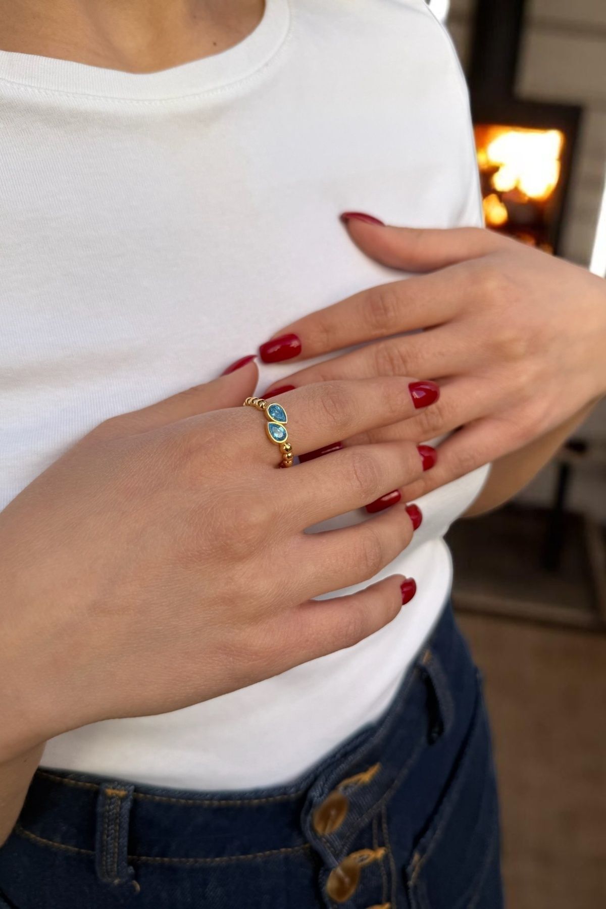 22 AYAR ÖZEL TASARIM AQUAMARİN RENGİ TAŞLI ALTIN YÜZÜK 19