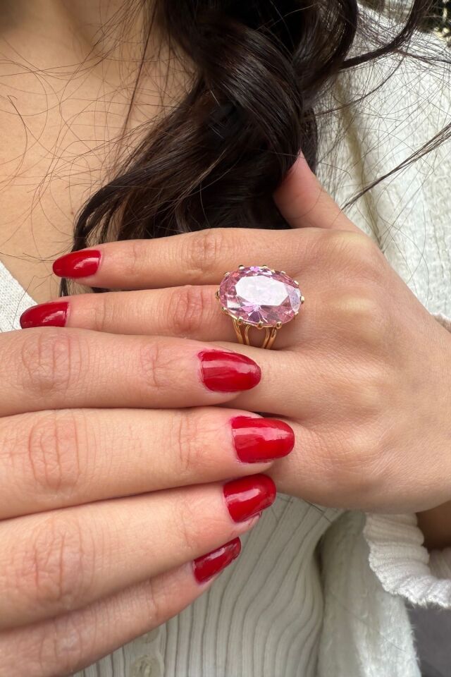 14 AYAR OVAL KESİM KRİSTAL PİNK KUVARS TAŞLI ELİŞİ ALTIN YÜZÜK