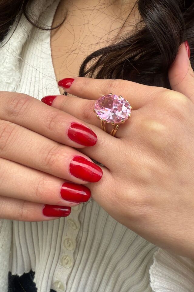 14 AYAR OVAL KESİM KRİSTAL PİNK KUVARS TAŞLI ELİŞİ ALTIN YÜZÜK