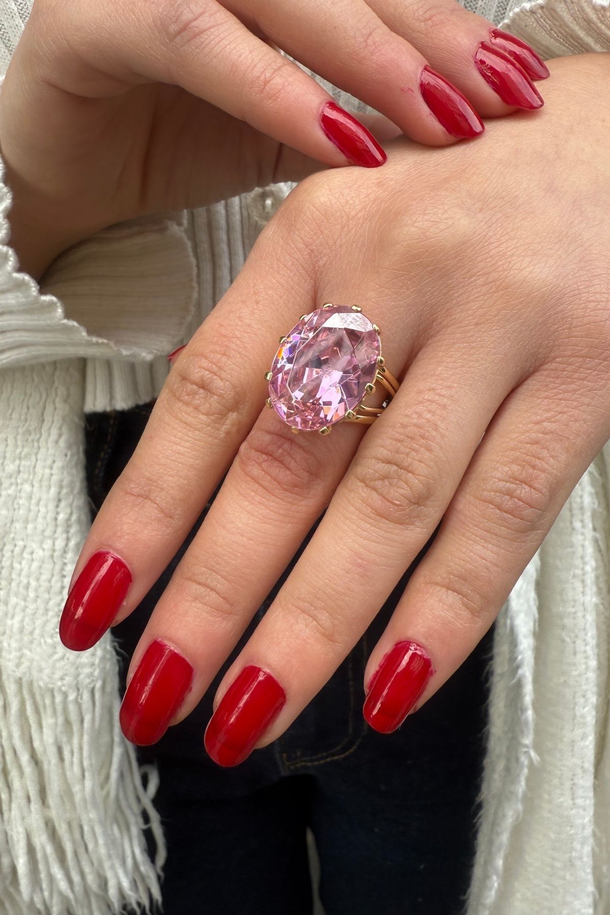 14 AYAR OVAL KESİM KRİSTAL PİNK KUVARS TAŞLI ELİŞİ ALTIN YÜZÜK