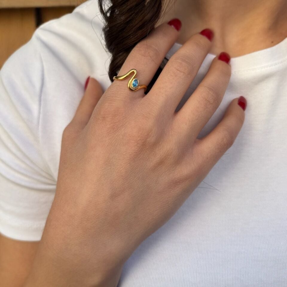 22 AYAR ÖZEL TASARIM AQUAMARİN RENGİ TAŞLI ALTIN YÜZÜK