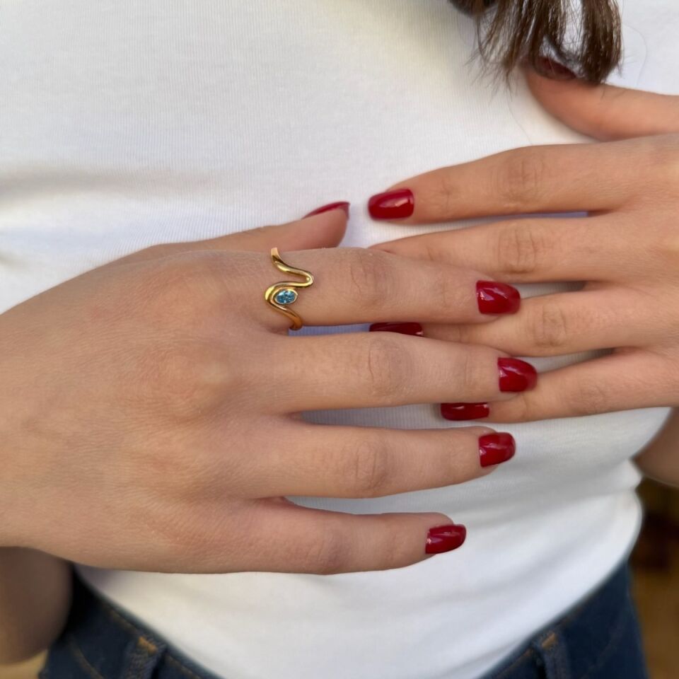 22 AYAR ÖZEL TASARIM AQUAMARİN RENGİ TAŞLI ALTIN YÜZÜK