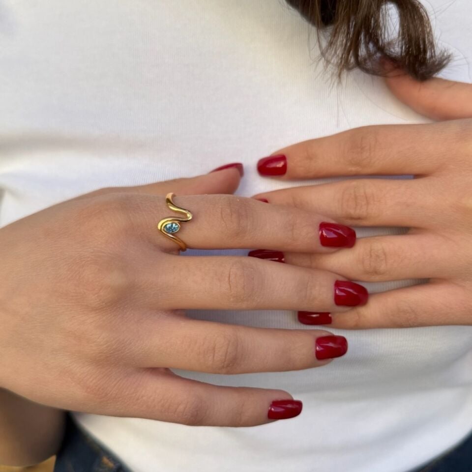 22 AYAR ÖZEL TASARIM AQUAMARİN RENGİ TAŞLI ALTIN YÜZÜK