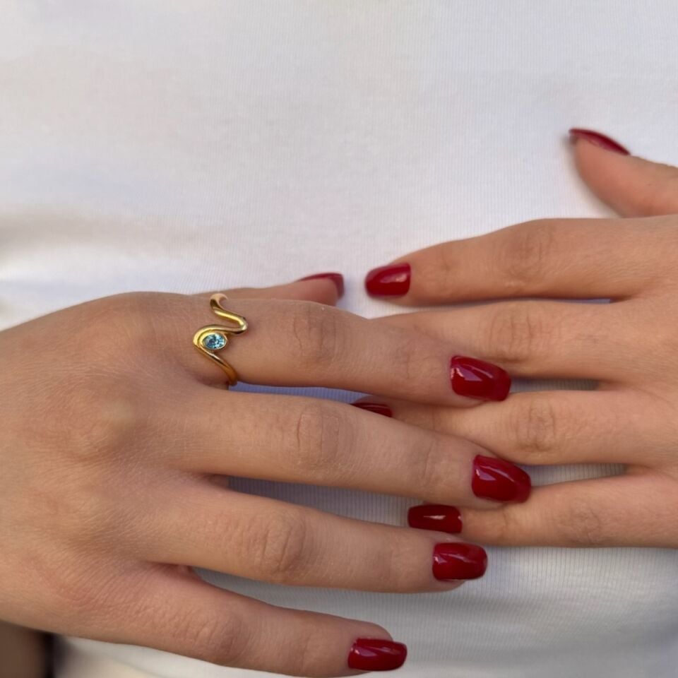 22 AYAR ÖZEL TASARIM AQUAMARİN RENGİ TAŞLI ALTIN YÜZÜK