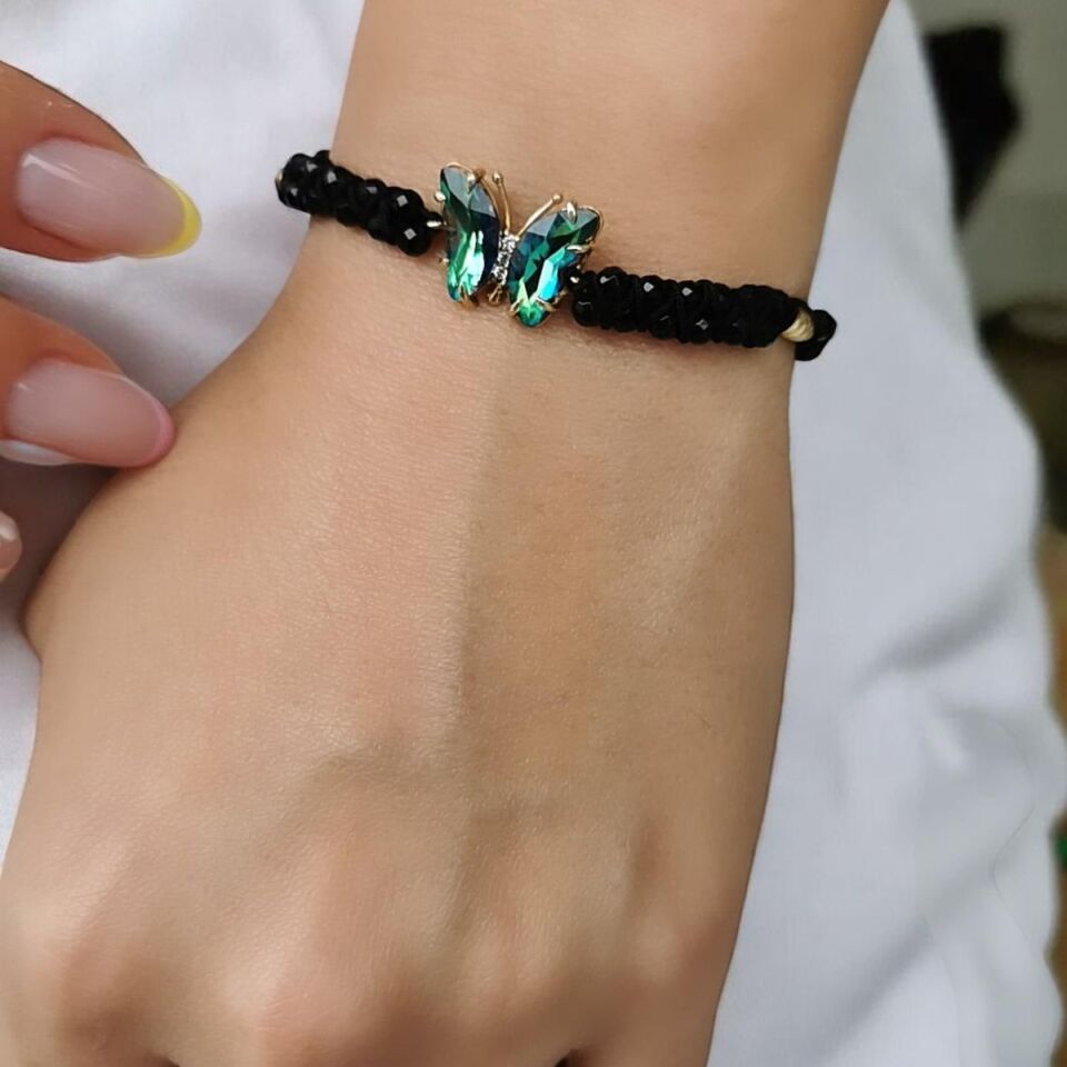 14 AYAR MİSTİK YEŞİL TAŞLI KELEBEK TASARIM SİYAH İPLİ ALTIN BİLEKLİK