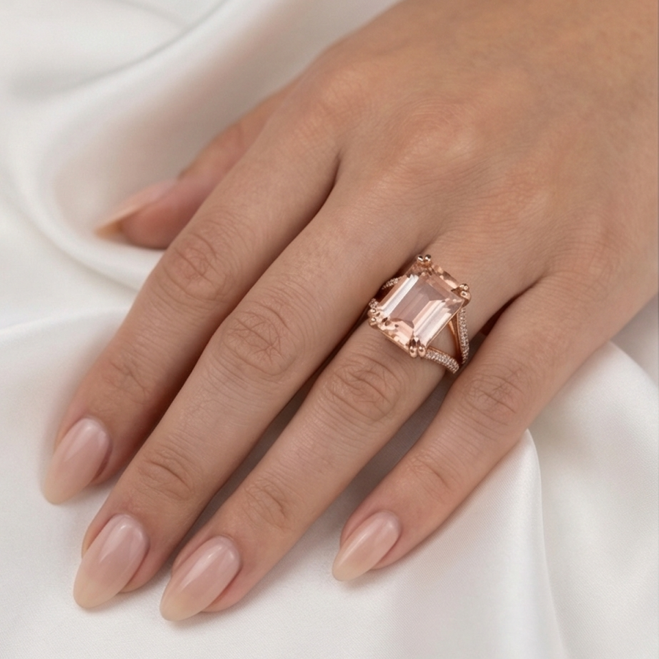14 AYAR 18,23 CT MORGANİTE TAŞLI, 0,49 CT PIRLANTA TAŞLI ÖZEL TASARIM İTALYAN ROSE ALTIN YÜZÜK
