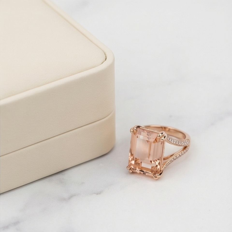 14 AYAR 18,23 CT MORGANİTE TAŞLI, 0,49 CT PIRLANTA TAŞLI ÖZEL TASARIM İTALYAN ROSE ALTIN YÜZÜK