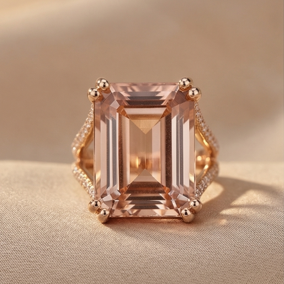 14 AYAR 18,23 CT MORGANİTE TAŞLI, 0,49 CT PIRLANTA TAŞLI ÖZEL TASARIM İTALYAN ROSE ALTIN YÜZÜK