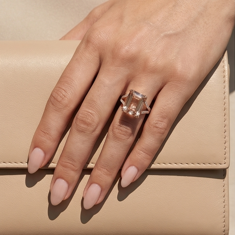 14 AYAR 18,23 CT MORGANİTE TAŞLI, 0,49 CT PIRLANTA TAŞLI ÖZEL TASARIM İTALYAN ROSE ALTIN YÜZÜK