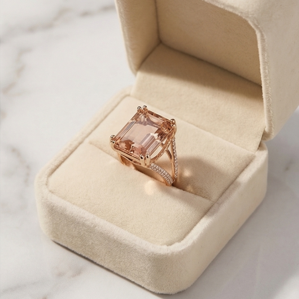 14 AYAR 18,23 CT MORGANİTE TAŞLI, 0,49 CT PIRLANTA TAŞLI ÖZEL TASARIM İTALYAN ROSE ALTIN YÜZÜK