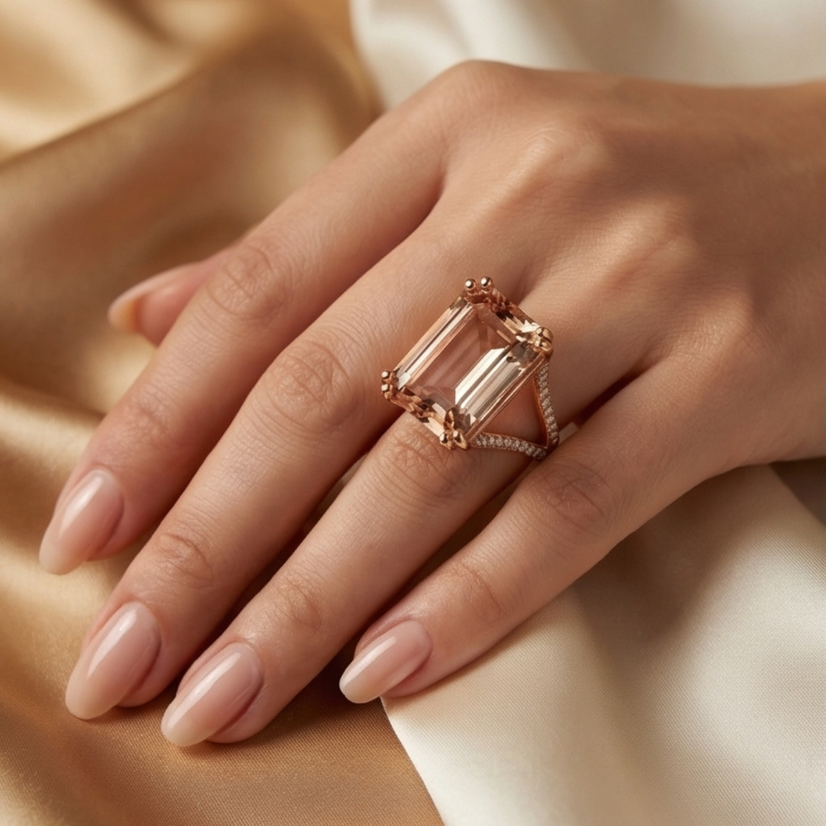14 AYAR 18,23 CT MORGANİTE TAŞLI, 0,49 CT PIRLANTA TAŞLI ÖZEL TASARIM İTALYAN ROSE ALTIN YÜZÜK