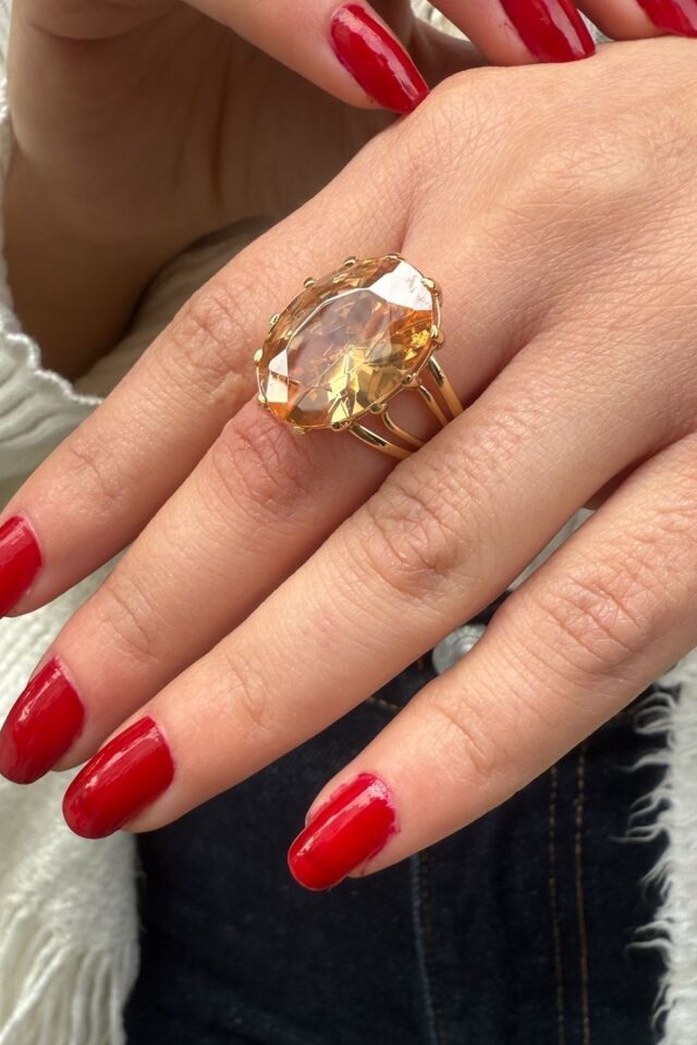 14 AYAR OVAL KESİM KRİSTAL BAL TOPAZ TAŞLI ELİŞİ ALTIN YÜZÜK 18