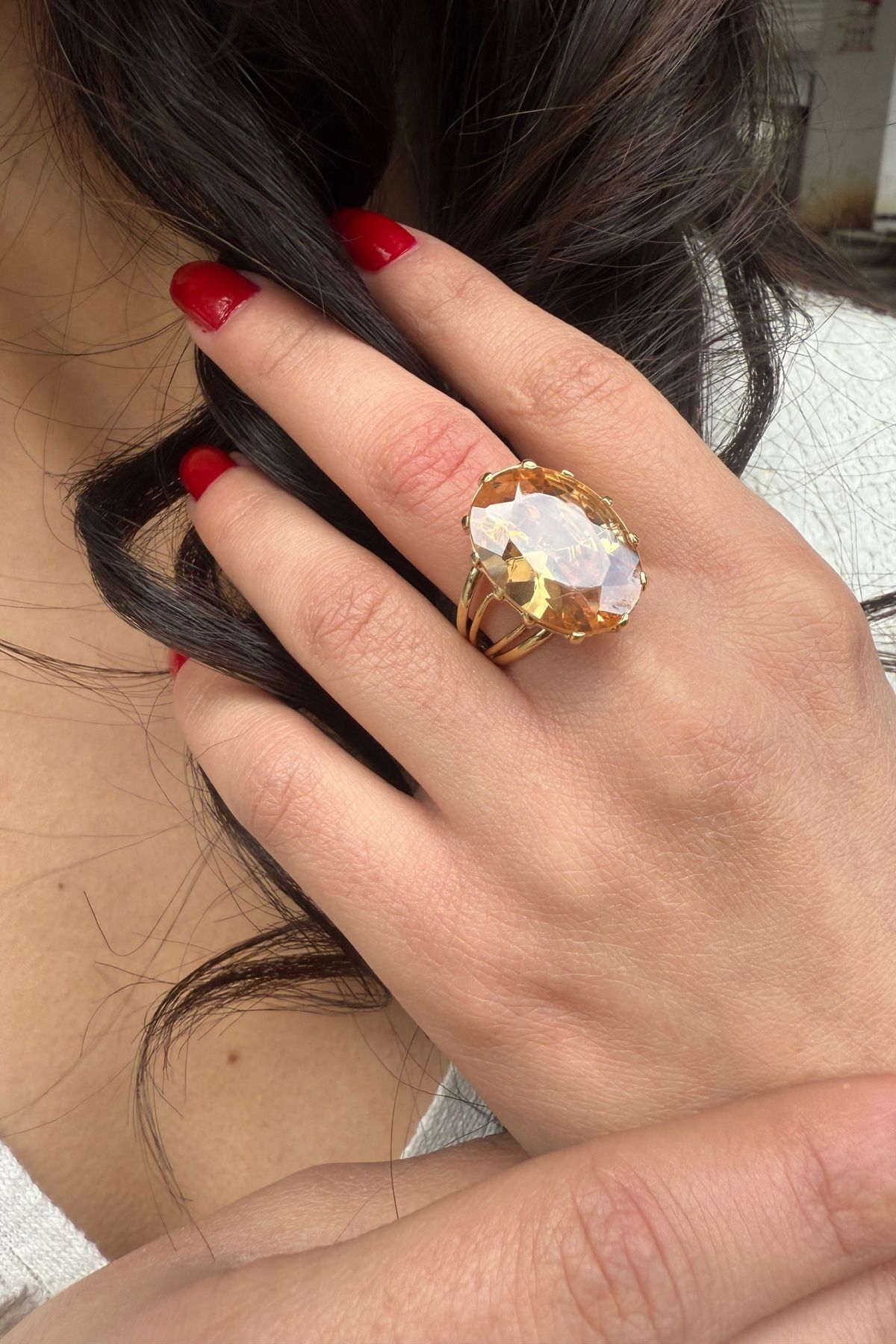 14 AYAR OVAL KESİM KRİSTAL BAL TOPAZ TAŞLI ELİŞİ ALTIN YÜZÜK