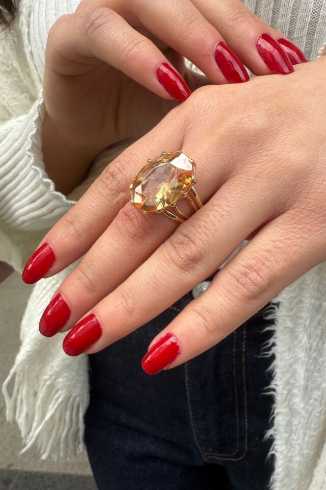 14 AYAR OVAL KESİM KRİSTAL BAL TOPAZ TAŞLI ELİŞİ ALTIN YÜZÜK