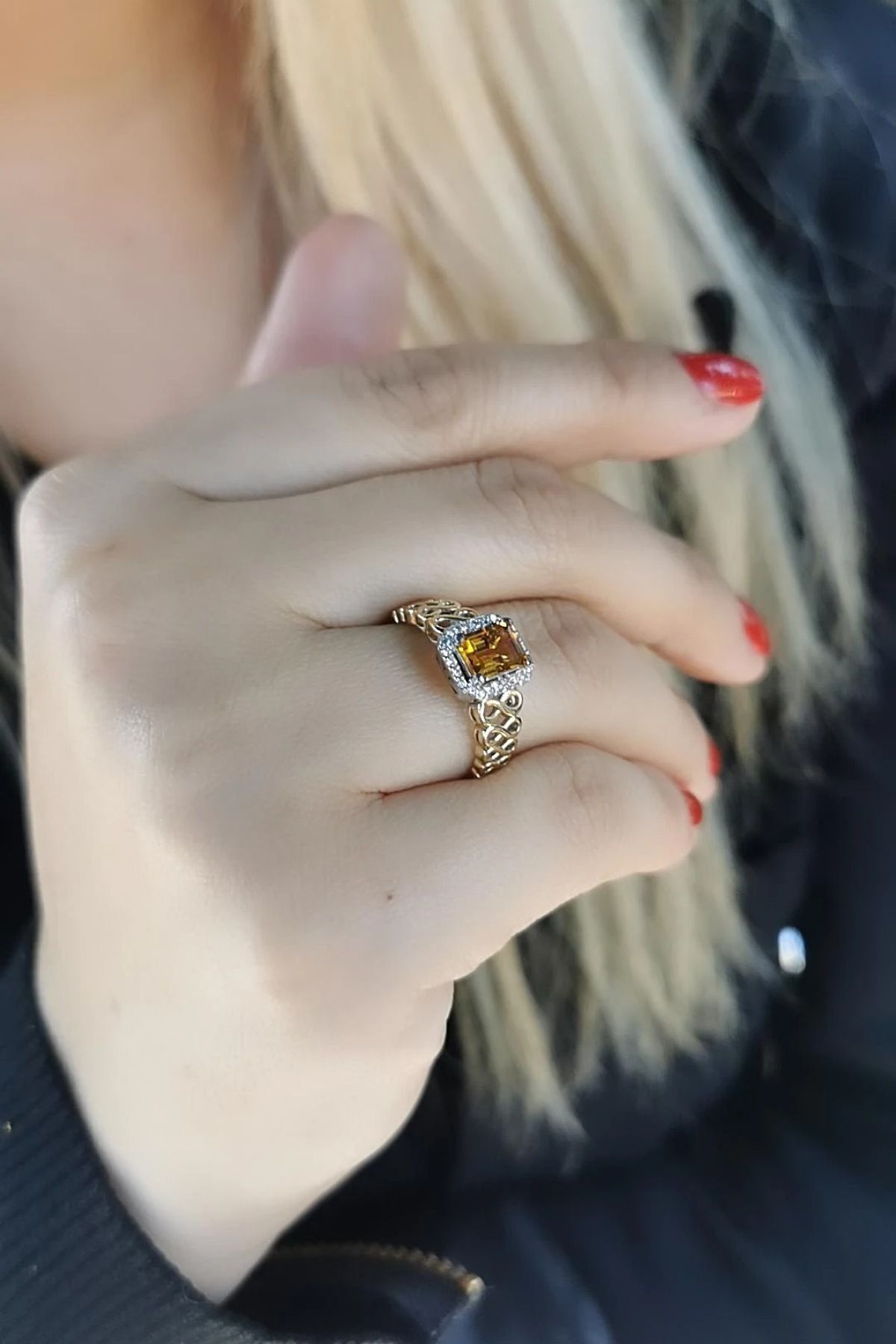 14 AYAR 0,95 CT SARI TOPAZ TAŞLI , 0,16 CT PIRLANTA TAŞLI ALTIN YÜZÜK