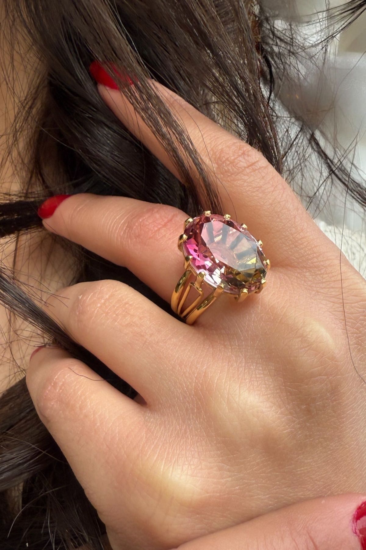 14 AYAR OVAL KESİM KRİSTAL TURMALİN TAŞLI ELİŞİ ALTIN YÜZÜK