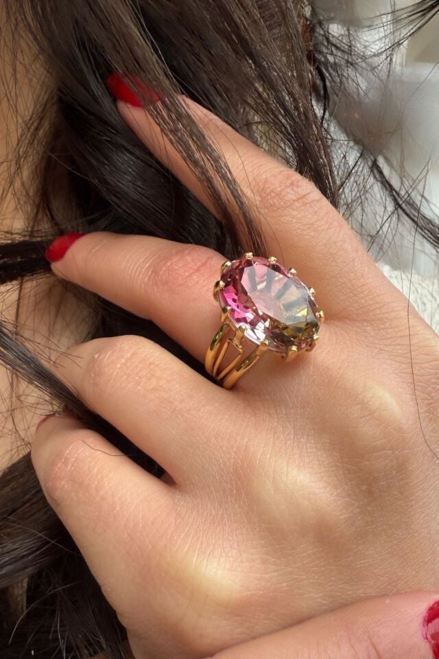 14 AYAR OVAL KESİM KRİSTAL TURMALİN TAŞLI ELİŞİ ALTIN YÜZÜK