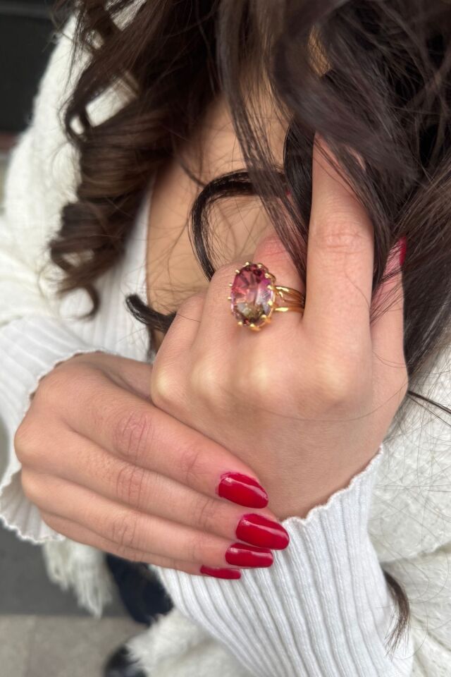 14 AYAR OVAL KESİM KRİSTAL TURMALİN TAŞLI ELİŞİ ALTIN YÜZÜK